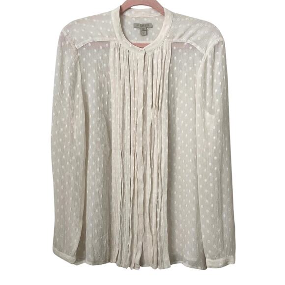 Burberry Brit Top Womens Large Cream Polka Dot Crepe Sheer Pleated Blouse Preppy - Picture 1 of 12
